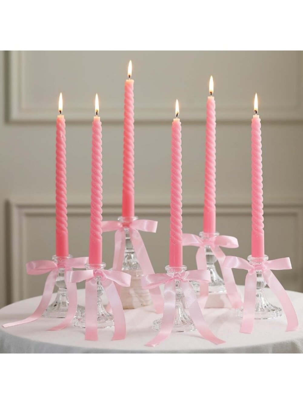 6 Pink Bow Taper Candles & Holders - Coquette Table Centerpieces for Parties